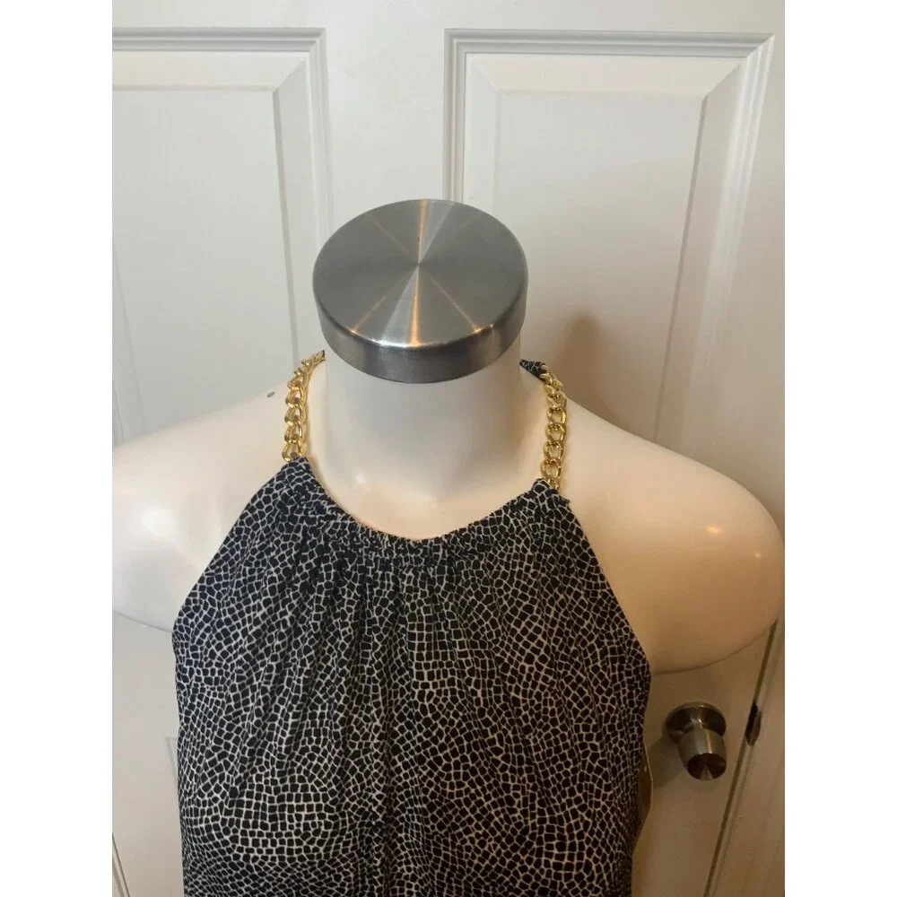 Michael Kors Black White Animal Print Sleeveless Dress W/ Gold Chain, Size S